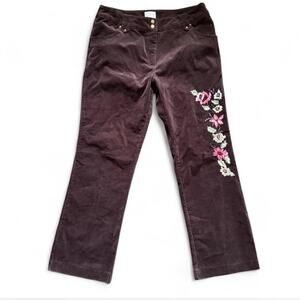 Y2k whimsical boho brown high rise corded pants floral embroidered size 10/W 33"